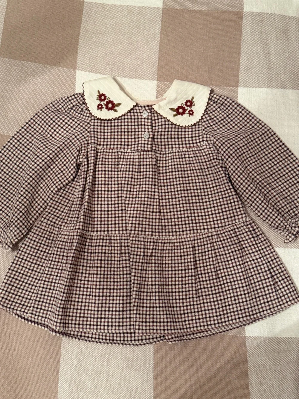 Zara Cream Collared Plaid Dress with Burgundy Check and Red Embroidery